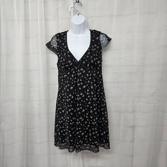 Y2K Babydoll Dress Black Floral Mini Fairy Boho Whimsigoth M - Picture 1 of 10